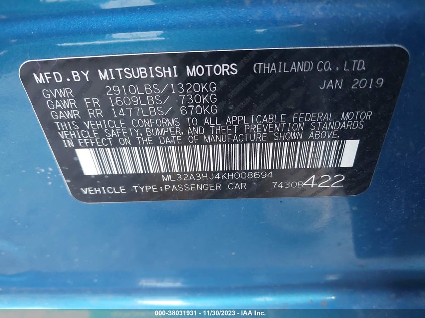 VIN ML32A3HJ4KH008694 2019 MITSUBISHI MIRAGE ES/RF