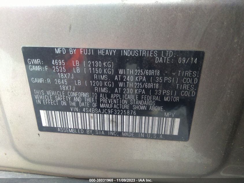 2015 SUBARU OUTBACK 2.5I LIMITED - 4S4BSAJC9F3225876