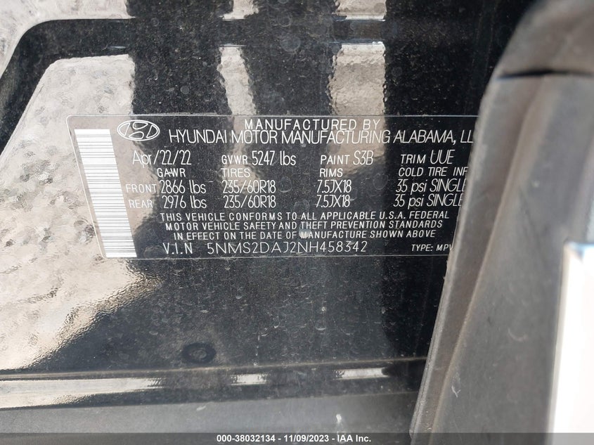 VIN 5NMS2DAJ2NH458342 2022 HYUNDAI SANTA FE SEL