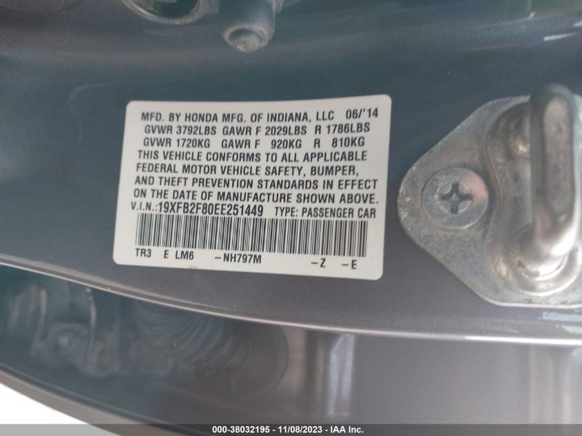 2014 HONDA CIVIC SEDAN EX 19XFB2F80EE251449