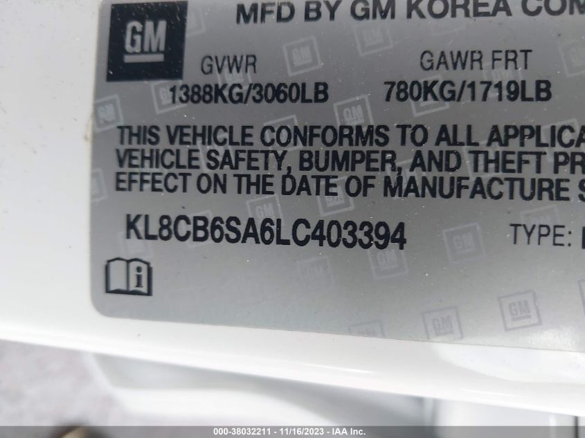 2020 CHEVROLET SPARK FWD LS AUTOMATIC - KL8CB6SA6LC403394