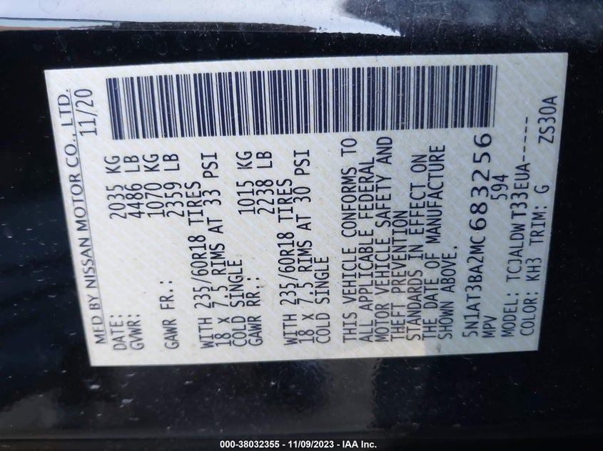VIN 5N1AT3BA2MC683256 2021 NISSAN ROGUE SV