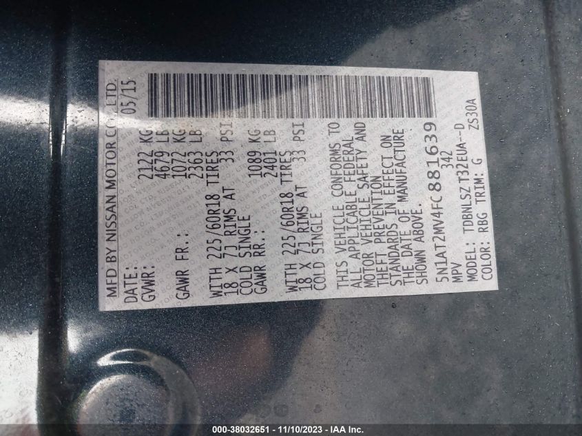 2015 NISSAN ROGUE S/SL/SV - 5N1AT2MV4FC881639