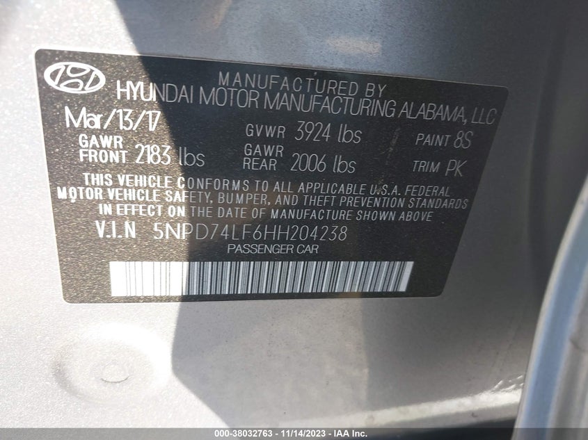 VIN 5NPD74LF6HH204238 2017 HYUNDAI ELANTRA SE