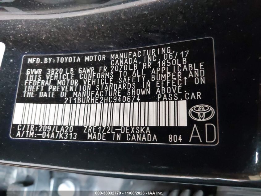 2017 TOYOTA COROLLA L/LE/XLE/SE/XSE - 2T1BURHE2HC940674