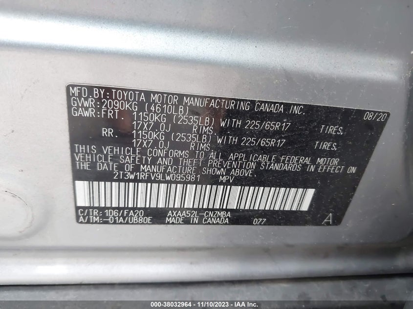 VIN 2T3W1RFV9LW095981 2020 TOYOTA RAV4 XLE/XLE PREMIUM