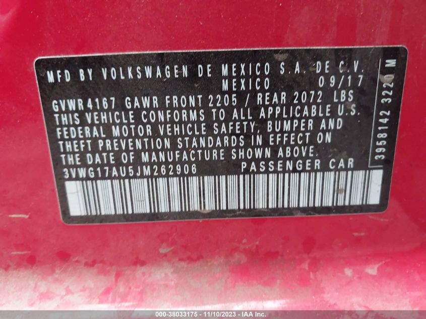 2018 VOLKSWAGEN GOLF S/SE - 3VWG17AU5JM262906