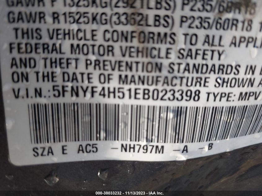 2014 HONDA PILOT EX-L - 5FNYF4H51EB023398