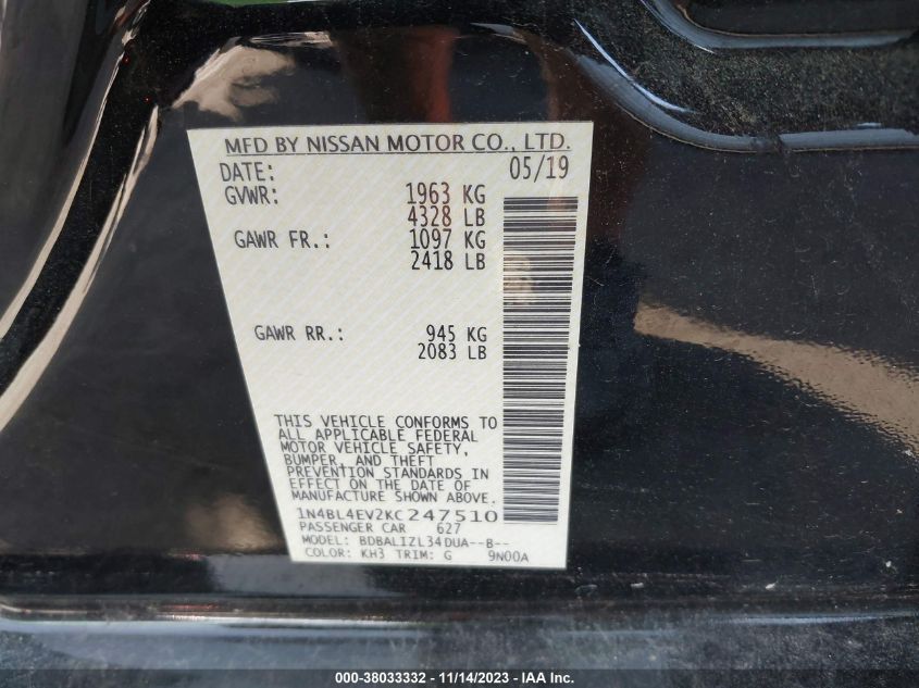 2019 NISSAN ALTIMA SL - 1N4BL4EV2KC247510
