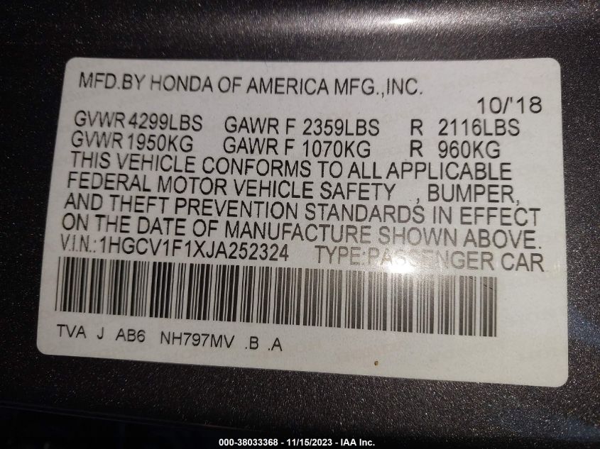 2018 HONDA ACCORD SEDAN LX 1.5T - 1HGCV1F1XJA252324