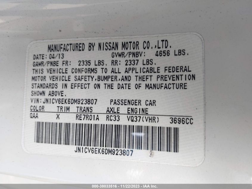 2013 INFINITI G37 JOURNEY JN1CV6EK6DM923807