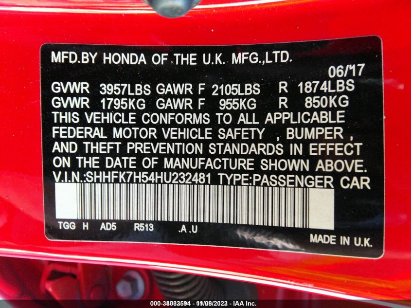 2017 HONDA CIVIC EX - SHHFK7H54HU232481
