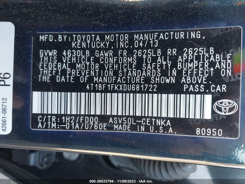 2013 TOYOTA CAMRY L/SE/LE/XLE - 4T1BF1FKXDU681722
