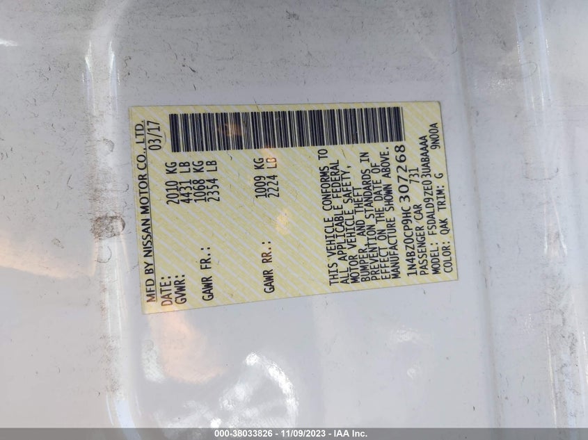 VIN 1N4BZ0CP9HC307268 2017 NISSAN LEAF SV
