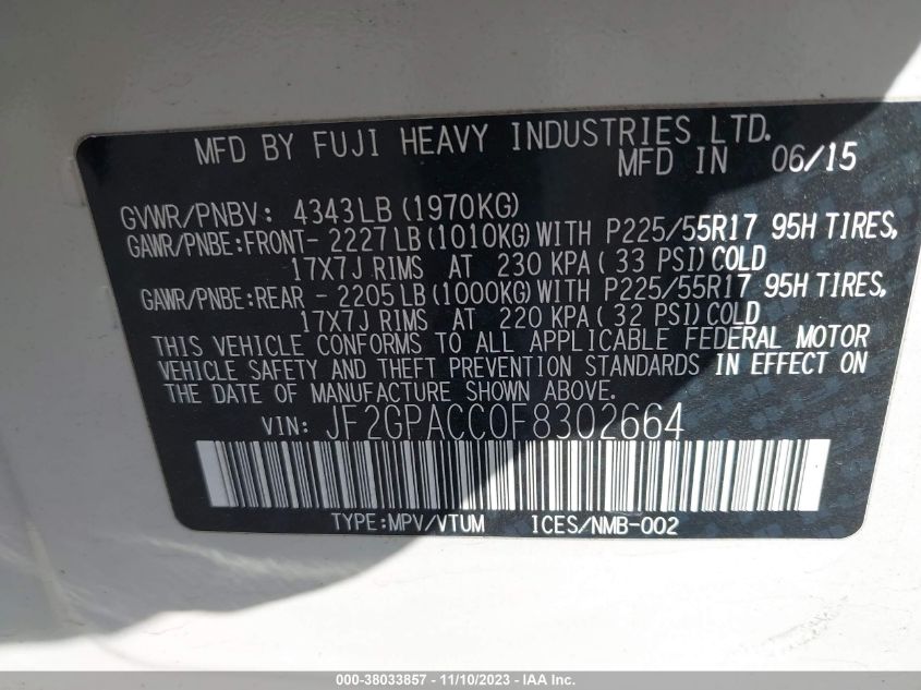 2015 SUBARU XV CROSSTREK 2.0 PREMIUM - JF2GPACC0F8302664