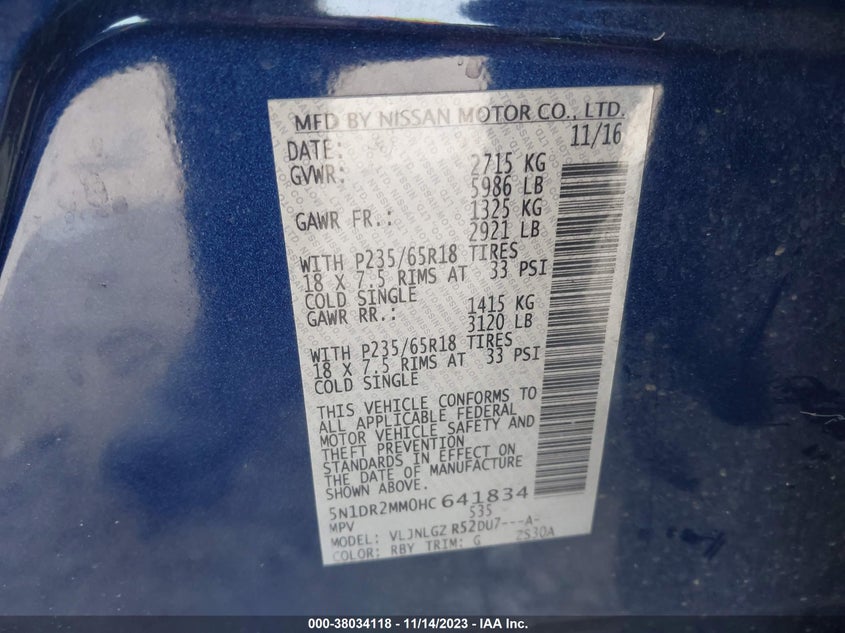 VIN 5N1DR2MM0HC641834 2017 NISSAN PATHFINDER S/SV/SL/PLATINUM