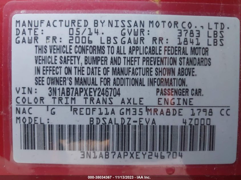 2014 NISSAN SENTRA FE+ S/FE+ SV/S/SL/SR/SV - 3N1AB7APXEY246704