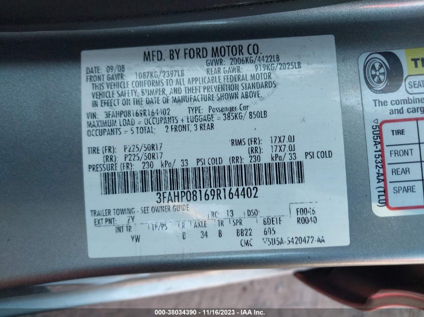 3FAHP08169R164402 | 2009 FORD FUSION