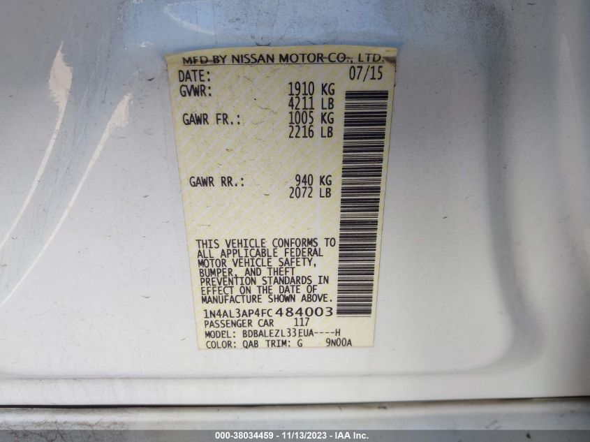 2015 NISSAN ALTIMA 2.5 S - 1N4AL3AP4FC484003