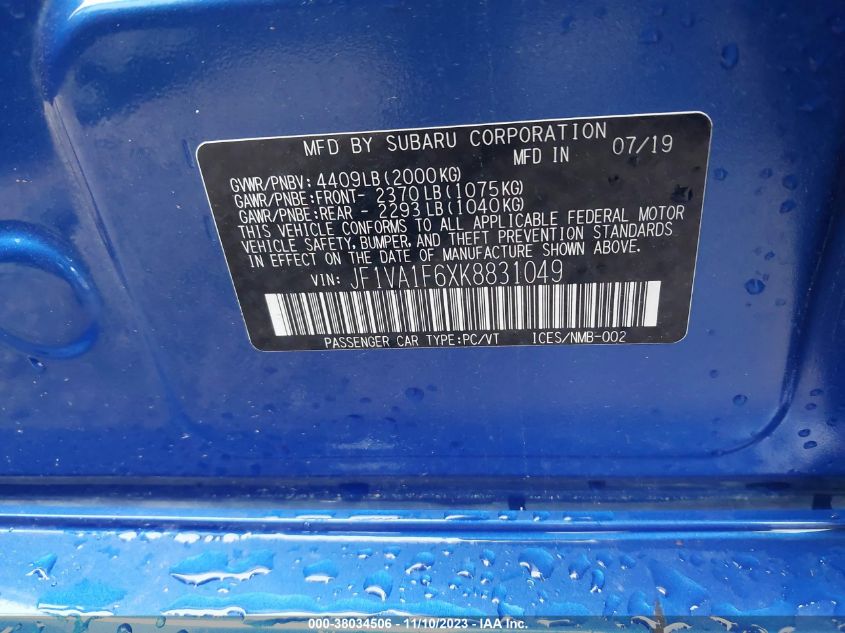 2019 SUBARU WRX PREMIUM - JF1VA1F6XK8831049
