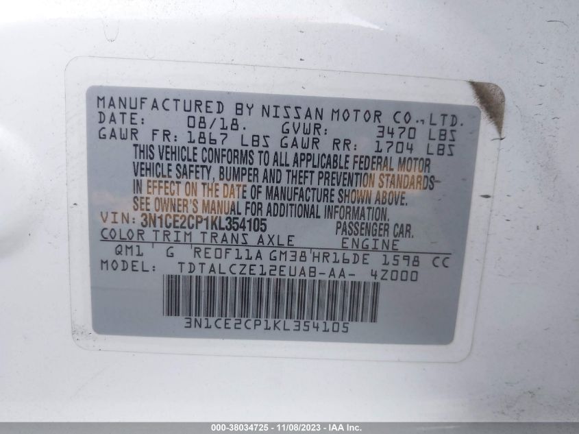 2019 NISSAN VERSA NOTE S - 3N1CE2CP1KL354105