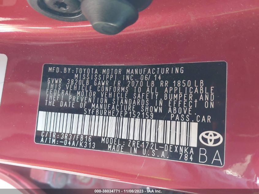 2014 TOYOTA COROLLA L/LE/LE PLS/PRM/S/S PLS - 5YFBURHE7EP152159