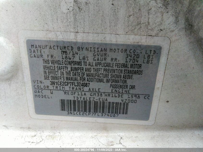 2015 NISSAN VERSA NOTE SL - 3N1CE2CP7FL374087