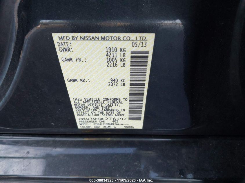 2013 NISSAN ALTIMA 2.5/S/SV/SL - 1N4AL3AP4DC276197