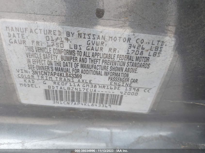 2019 NISSAN VERSA S/S PLUS/SV - 3N1CN7AP4KL843369