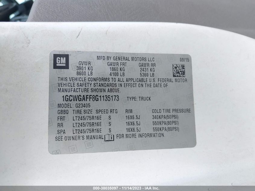 2016 CHEVROLET EXPRESS 2500 WORK VAN 1GCWGAFF8G1135173