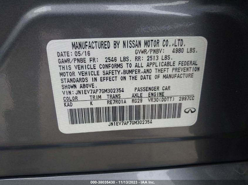 2016 INFINITI Q50 PREMIUM/SPORT - JN1EV7AP7GM302354