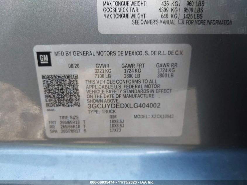 2020 CHEVROLET SILVERADO 1500 LT - 3GCUYDEDXLG404002
