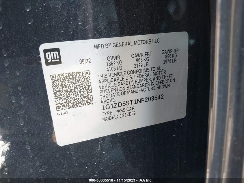 VIN 1G1ZD5ST1NF203542 2022 CHEVROLET MALIBU FWD LT
