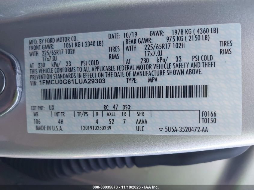 2020 FORD ESCAPE SE - 1FMCU0G61LUA29303