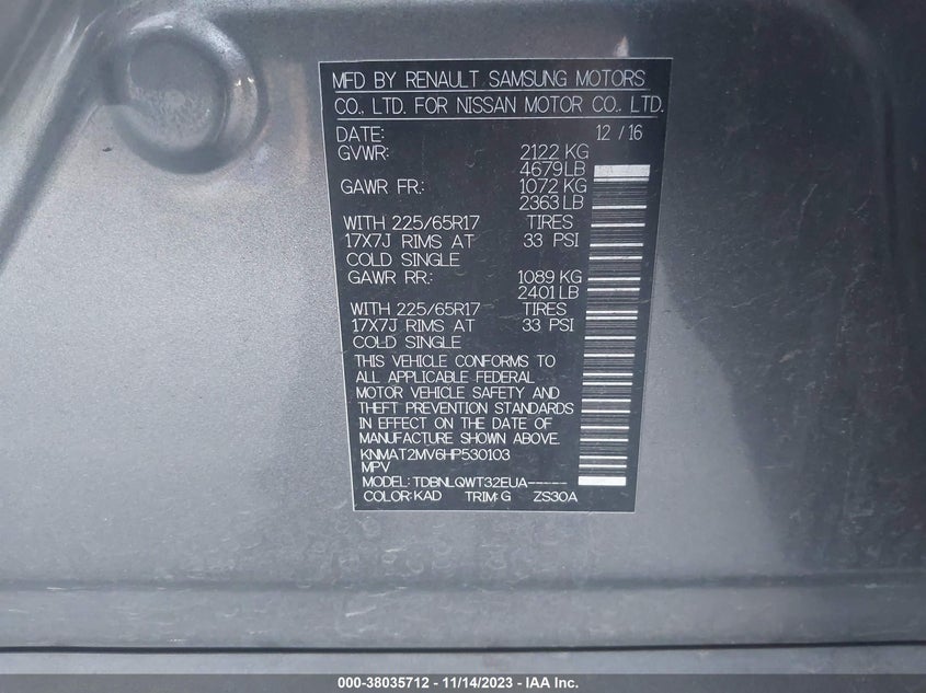 VIN KNMAT2MV6HP530103 2017 NISSAN ROGUE SV