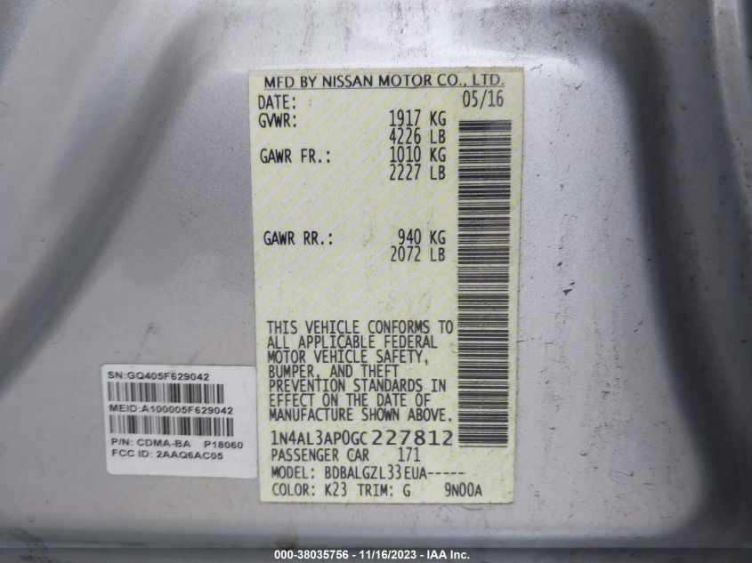 2016 NISSAN ALTIMA 2.5 - 1N4AL3AP0GC227812
