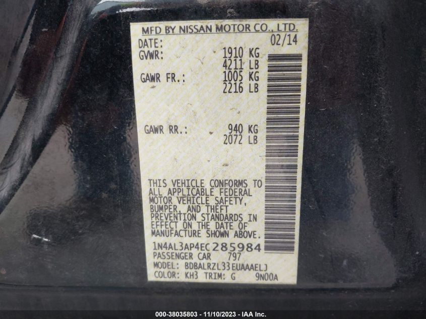 2014 NISSAN ALTIMA 2.5/S/SV/SL - 1N4AL3AP4EC285984