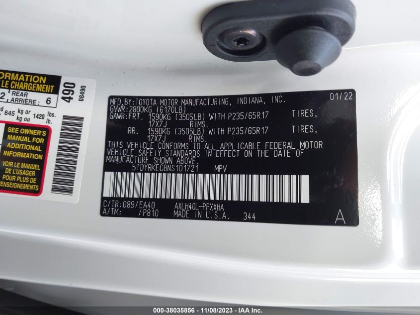 5TDYRKEC8NS101721 2022 TOYOTA SIENNA, photo no. 9