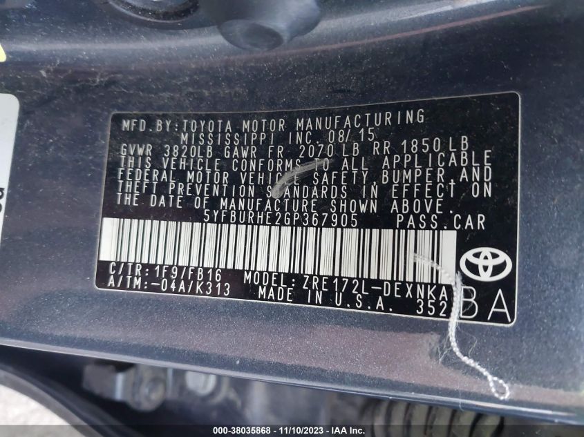 2016 TOYOTA COROLLA L/LE/LE PLS/PRM/S/S PLS - 5YFBURHE2GP367905