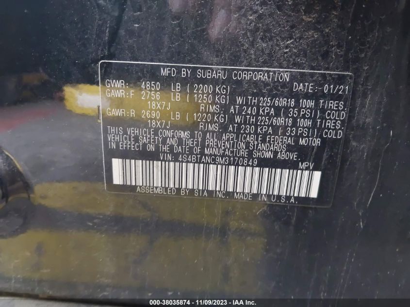 2021 SUBARU OUTBACK LIMITED - 4S4BTANC9M3170849