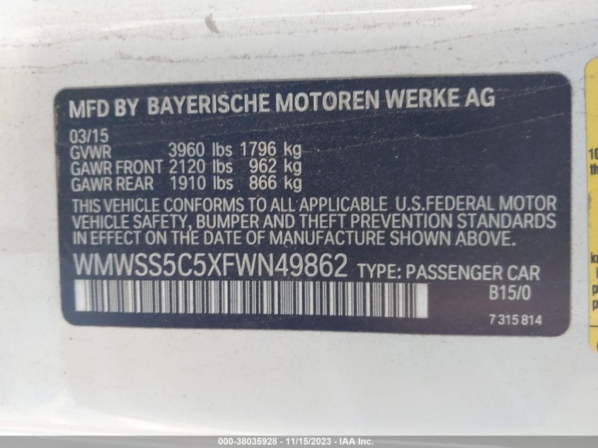 2015 MINI PACEMAN COOPER S WMWSS5C5XFWN49862