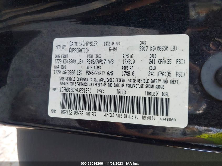 1D7HU18D74J281871 | 2004 DODGE RAM 1500