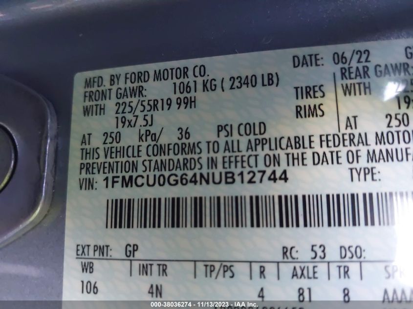 1FMCU0G64NUB12744 2022 FORD ESCAPE, photo no. 9