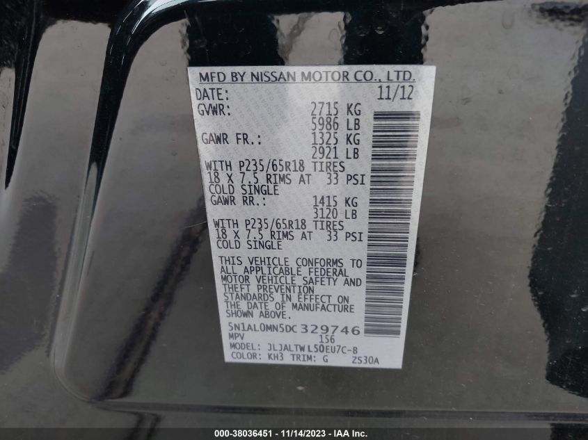 2013 INFINITI JX35 - 5N1AL0MN5DC329746