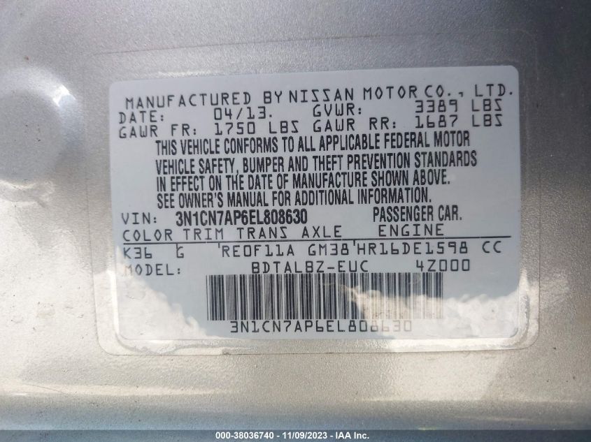 2014 NISSAN VERSA SV - 3N1CN7AP6EL808630