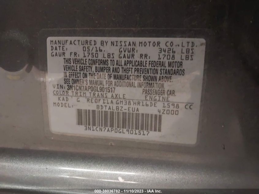 2016 NISSAN VERSA S/S PLUS/SV/SL - 3N1CN7AP0GL901517