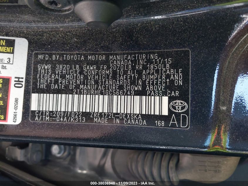 2016 TOYOTA COROLLA L/LE/LE PLS/PRM/S/S PLS - 2T1BURHE1GC566749