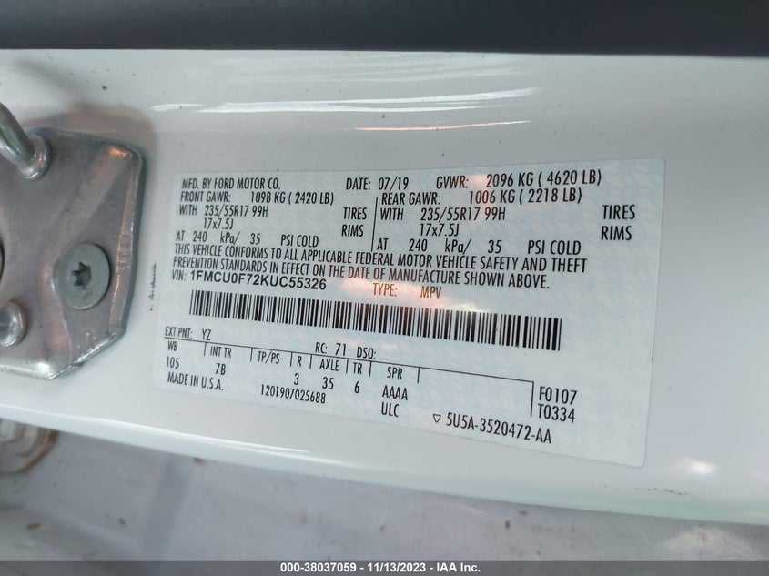 VIN 1FMCU0F72KUC55326 2019 FORD ESCAPE S