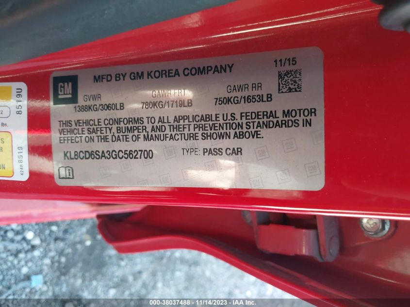 2016 CHEVROLET SPARK LT - KL8CD6SA3GC562700