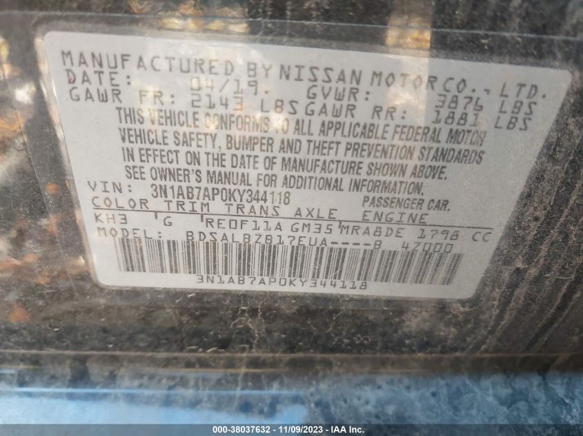 2019 NISSAN SENTRA S/SV/SR/SL - 3N1AB7AP0KY344118